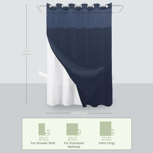 Inhousolu No Hook Shower Curtain with Snap-in Fabric Liner, Waffle Weave 230 GSM Polyester, Weighted Hem, Water Repellent Washable, Mesh Top Window 72" W x 72" L Navy Blue - color: Navy Blue, size: 72"W x 72"L (Pack of 1)
