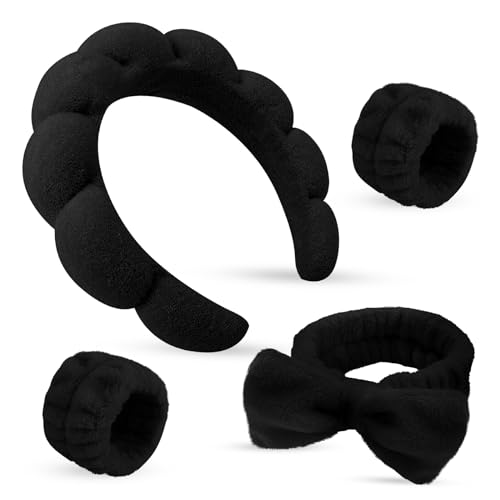 Spa Headband for Washwing Face Wristband Set, Black | Soft absorbent fabric, snug head-hugging fit for face washing, skincare, makeup, masks, travel, women and teen girls - color: Black