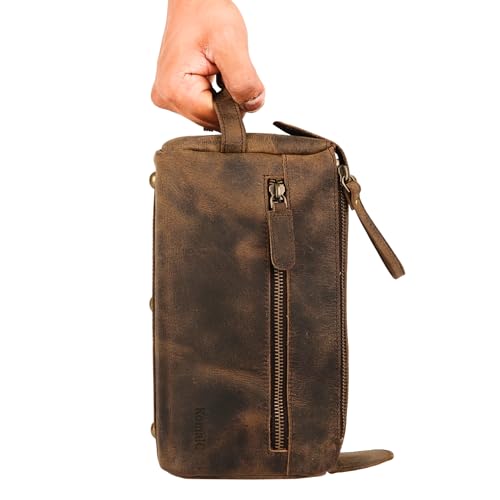 KomalC Premium Buffalo Leather Toiletry Bag for Men & Women With Water resistant Lining, Grooming Travel Pouch, Unisex Wash Bag for Toiletries, Gifts for Men and Women - color: Distressed Tan