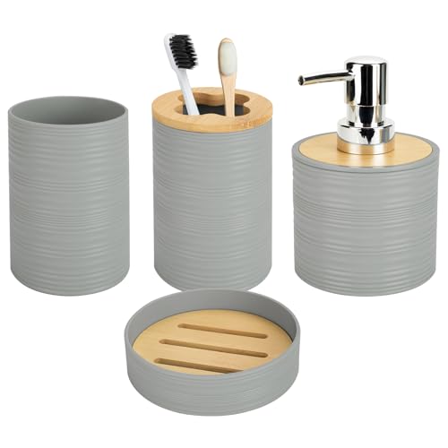 4 PCS Grey Bathroom Accessories Set, Includes a Soap Dispenser, Toothbrush Holder, Soap Dish and Mouthwash Cup, Plastics & Bamboo Bathroom Set, Bohemian Style Bathroom Sink Set - color: Grey, size: 4 PCS