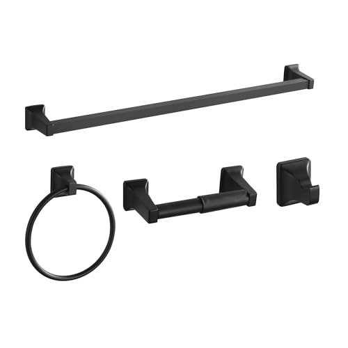 4 Pieces Bathroom Hardware Accessories Set, Stainless Steel 24 inch Towel Bar, Towel Rack, Robe Hook, Toilet Paper Holder for Bathroom Wall Mounted (Matte Black) - color: Matte Black