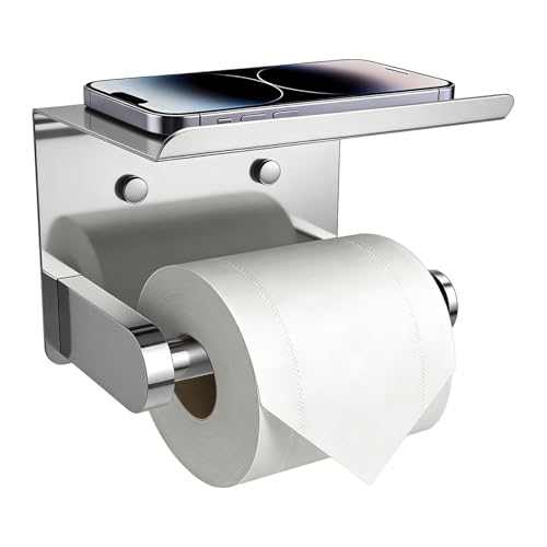 SetSail Toilet Paper Holder with Shelf Adhesive or Screw-in Bathroom Toilet Paper Roll Holders Wall Mount Heavy-Duty Tissue Holder for Bathrooms, Mirror Silver - color: Chrome, size: 1 Packs