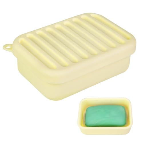 Silicone Travel Soap Case, Leak-Proof Soap Container with Drain Pad | Silicone Soap Holder, Travel Soap Case, Leak-Proof Soap Box, Removable Drain Tray, Portable Soap Container, Gym & Camping Use - color: Cream Yellow