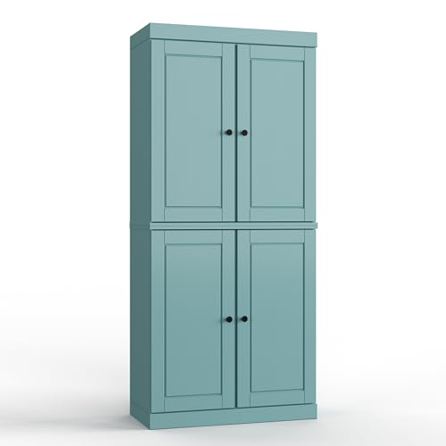 Palace Imports Solid Wood Tall Bathroom Pantry Cabinet with 4 Wooden Doors & Adjustable Shelves, Aqua - 100% Eco-Friendly, Renewable, Space-Saving Storage, 71.5" H x 32" W, Made in Brazil - color: Aqua