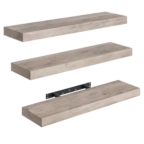 RALGEND Floating Shelves for Wall, 1.5" Thick Wall Shelf Set of 3 with Invisible Brackets, 23.6L x 7.9W Hanging Book Shelves Farmhouse Home Decor for Bathroom, Living Room, Bedroom, Greige 6301BJP3BG - color: Greige, size: 23.6 Inches