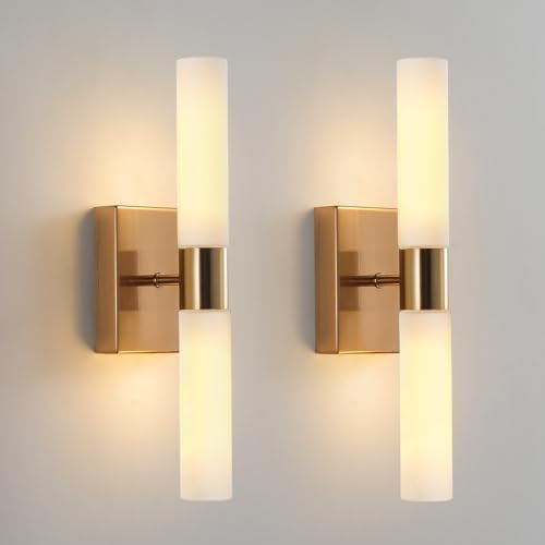 KUZZULL Modern Wall Sconces, Set of 2 Brushed Brass Gold, Frosted Glass Shade, Indoor Wall Mounted Lights, Bathroom Sconces, 36 cm, for Bedroom Wall Lamp - color: brass gold frosted
