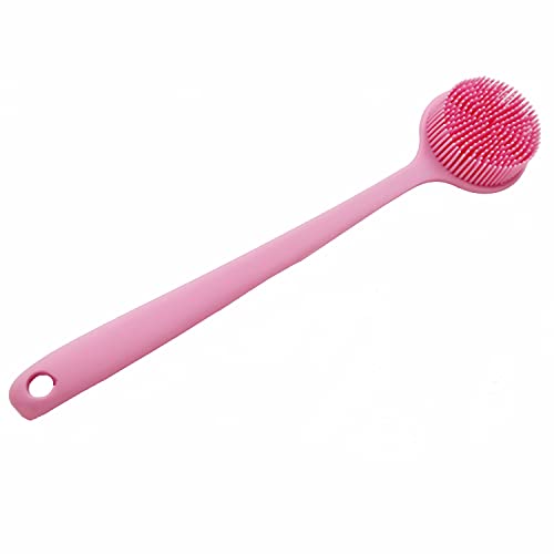Long Handle Silicone Body Scrubber for Shower, Dual-Sided Back Scrubber Brush with Soft Bristles&Massage Nodes, Exfoliating Bath Brush for Hard to Reach Areas, Easy to Clean & Quick Dry, for Daily Use - color: Pink