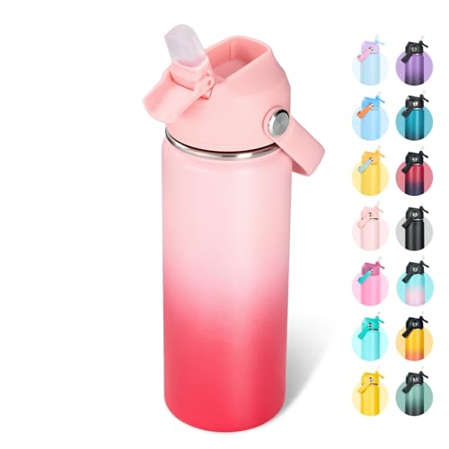 Fijinhom 18oz Insulated Stainless Steel Water Bottle, Wide Mouth Double Wall Vacuum, Silicone Straw, Sweat & Leak Proof, BPA Free Insulated Water Flask for Travel, Keep Cold 24h Hot 12h, Pink Gradient - color: Pink Gradient, size: 18 Ounces