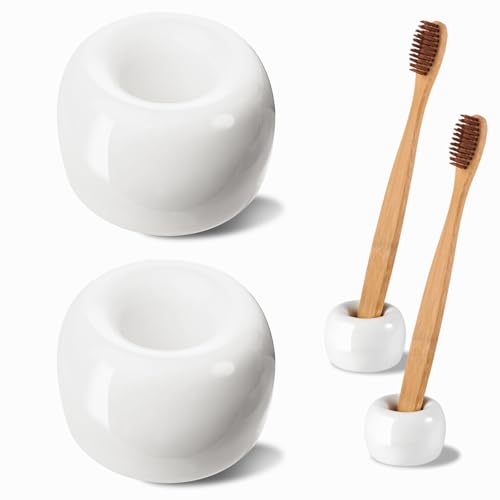 SheeChung Mini Ceramic Toothbrush Holder, Small Handmade Couple Toothbrush Stand for Bathroom Vanity Countertop Travel Camper, Bathroom Organizers and Storage, 2 Pack, White - color: White