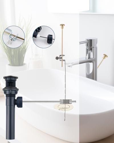 Bathroom Sink Drain Stopper with Lift Rod, Universal Fit, Brushed Gold | Pop Up Sink Drain with Overflow, Drain Stopper for Vessel Sink, Assembly for Bathroom Faucet - color: Brushed Gold
