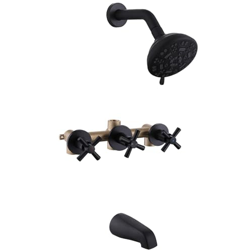 3 Handles Shower Faucet Set with Tub Spout Bathtub Shower Faucets Combo Set Shower System Complete Tub and Shower Trim Kit Shower Fixtures Matte Black - color: Matte Black, style: 3 Handles