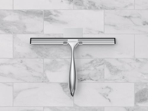 12'' Light Weight Stainless Steel Shower Squeegee for Glass Doors with 4 Pieces Set (1 Window Squeegee, 1 Door Hook and 2 Adhesive Hooks) Perfect Cleaning Tool for Car, Window, Bathroom Mirror