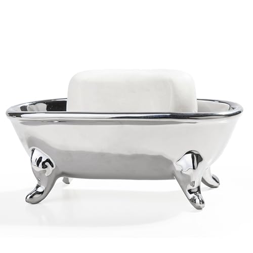 6.7" Ceramic Mini Clawfoot Bathtub Bar Soap Dish, Decorative Bar Soap Holder, Soap Tray Sponge Holder for Shower, Bathroom & Kitchen Sink (Silver) - color: Silver