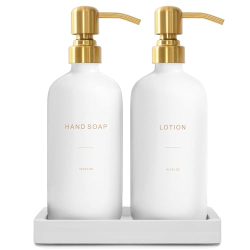 Prus Waso Gold Soap Dispenser Bathroom Set, Hand and Lotion Dispenser with Stainless Steel Pump, Perfect for Modern Bathroom Decor. (Gold) - color: Gold Pump & White Bottle