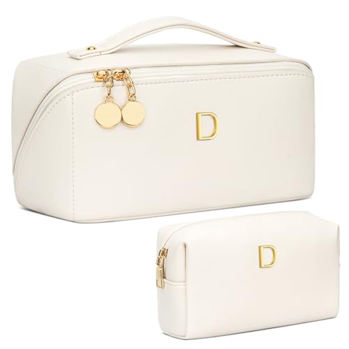 Birthday Gifts for Women Teen Girl, Personalized Initial Makeup Organizer Bag Set, Open Flat Travel Cosmetic Bag With Clear Divider and Handle(Beige,D) - color: Beige, style: D