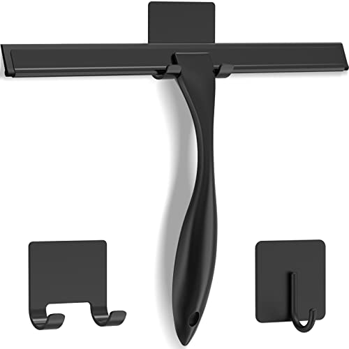 All-Purpose Stainless Steel Shower Squeegee for Shower Doors with 2 Adhesive Hooks, Bathroom Cleaner Tool Household Window Mirror Squeegee for Home Cleaning, Glass Door, Tile Wall, Car, 12 Inch Black - color: Black, size: 12 Inch