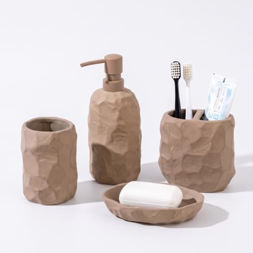 RQYIXI 4 Pcs Ceramic Bathroom Accessories Set,Matte Earth-Tone,Wabi-Sabi | Unglazed Sand Stoneware Boho Bathroom set includes: Soap Dispenser,Toothbrush Holder,Tumbler,Soap Dish - color: Engobe-4pcs