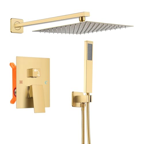 Bathroom Shower Faucet Set，12 Inch Rain Shower Head with Handheld Spray，Brass Shower Valve Trim Kit，Wall Mounted Square Rain Shower System (Brushed Gold) - color: Brushed Gold, size: 12 Inch Shower Head