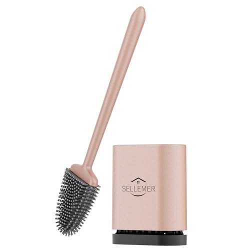 Sellemer Toilet Brush and Holder Set - Flexible Toilet Bowl Brush Head with Silicone Bristles, Compact Size for Storage and Organization, Ventilation Slots Base (1 Pack, Rose Gold) - color: Rose Gold