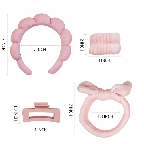 7 Pcs Spa Set, Facial Headband and Wristband Set, Skincare Accessories, College Style Girl Idea Gifts, Hair Accessories for Women and Girls (Pink) - color: Pink