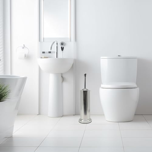 Stainless Steel Toilet Bowl Brush with Holder Metal Bathroom Cleaning Set Rustproof Hygienic Durable Modern Design - color: Chrome/Silver