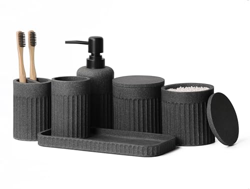INIUNIK Bathroom Accessory Set - 6 Pieces Bathroom Accessories Set Complete with Soap Dispenser, Toothbrush Holders, Tumbler, Vanity Tray and 2 Qtip Holder for Home Organizer and Decor, Dark Grey - color: Dark Grey