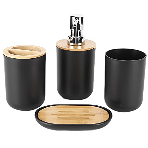 Set of 4 Complete Bathroom Accessories, Bathroom Set with Toothbrush Holder, Dish, Lotion Dispenser and Cup, in Plastic + Bamboo(Black) - color: Black