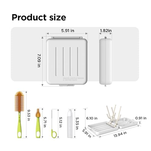YOTIME Travel Bottle Brush, Travel Bottle Cleaner Kit with Foldable Bottle Drying Rack, for Visit Friends and Relations, Baby Travel Essentials, BPA Free, White - color: White