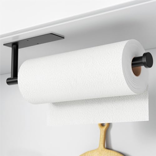 Paper Towel Holder - Self-Adhesive or Drilling, Matte Black Wall Mounted Rack - SUS304 Stainless Steel Kitchen Roll Dispenser Under Cabinet - color: Black