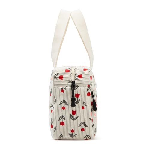 Large Makeup Bag for Women Corduroy Cosmetic bag Make up Bags Zipper Pouch with handle Cosmetic Organizer Toiletry Bag for Travel Storage - color: 12-Red Tulip