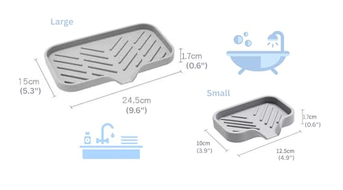 Silicone Soap Tray, Soap Dish with Drain Spout, Bathroom and Kitchen Sink Counter Organizer, Sponge Holder, Perfect for Dispenser, Scrubber, Bottle, Cup on Sink or Counter - Large and Small Set - color: Gray