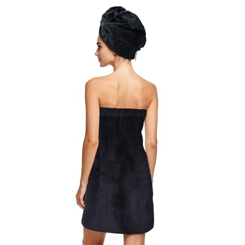 Super Absorbent Quick Dry Spa Bath Wrap Shower Skirt and Hair Drying Turban - 2pc Set (One-Size, Black) - color: Black