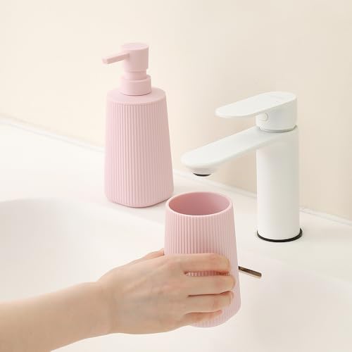 YAUKPH Bathroom Accessories Set 2 Piece Soap Dispenser and Toothbrush Holder for Bathroom Countertop Striped Pink - color: Striped Pink