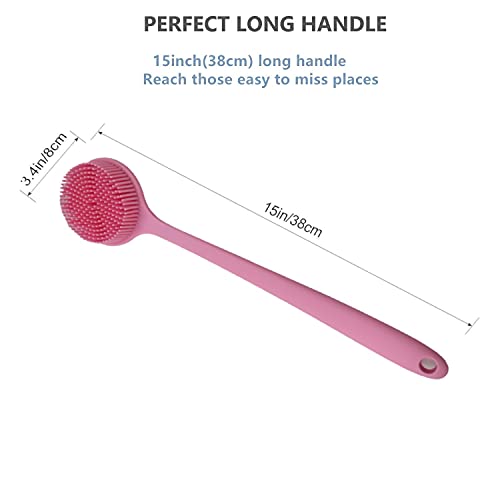 Long Handle Silicone Body Scrubber for Shower, Dual-Sided Back Scrubber Brush with Soft Bristles&Massage Nodes, Exfoliating Bath Brush for Hard to Reach Areas, Easy to Clean & Quick Dry, for Daily Use - color: Pink