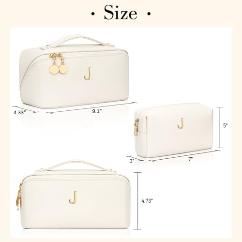 Birthday Gifts for Women Teen Girl, Personalized Initial Makeup Organizer Bag Set, Open Flat Travel Cosmetic Bag With Clear Divider and Handle(Beige,J) - color: Beige, style: J