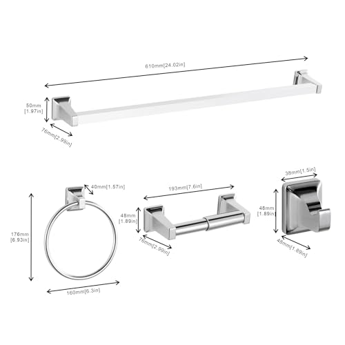 4 Pieces Bathroom Hardware Accessories Set, Stainless Steel 24 inch Towel Bar, Towel Rack, Robe Hook, Toilet Paper Holder for Bathroom Wall Mounted (Chrome) - color: Chrome