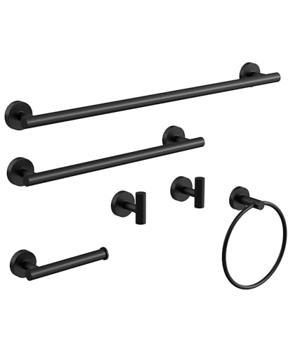 Matte Black Bathroom Hardware Accessories Set 6 Pcs Round Towel Rack and Toilet Paper Holder Set SUS304 Stainless Steel Towel Bar Set Wall Mounted by HOMEMYSTIQUE - color: Matte Black, size: 6 Pieces