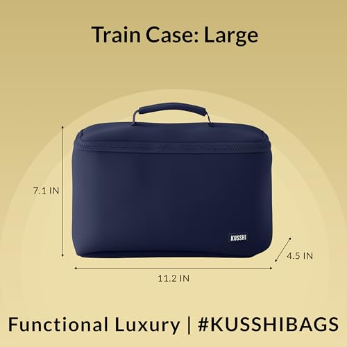 KUSSHI Neoprene Train Case Makeup Bag - Washable Makeup Travel Bag & Vanity Case for Stress Free Travel (Large, Navy/Khaki) - color: Navy/Khaki, size: Large