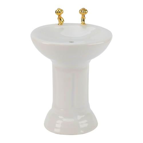 Waldosia 1:12 Scale White Porcelain Dollhouse Bathroom Set – 4-Piece Miniature Furniture with Bathtub, Pedestal Sink, Toilet & Mirror