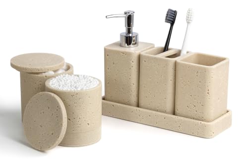 Bathroom Accessories Set, 6 Piece Bathroom Set with Toothbrush Holders, Soap Dispenser, Vanity Tray, Tumbler, Cotton Swab Jars, Bathroom Organizer for Bathroom，Bathroom Sink Sets Travertine Beige - color: Travertine Beige