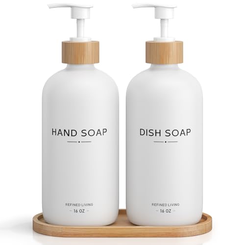 Hand and Dish Soap Dispenser Set,16oz Glass Bottles with Bamboo Pumps & Tray,Countertop Soap Dispensers for Kitchen,Luxury, Minimalist & Farmhouse Decor - color: Hand Dish (White)