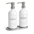 Fachixy White Glass Soap Dispenser (2 Pack), 16 Fl Oz Hand & Dish Soap Dispenser Bottles Set with Rust-Resistant Stainless Steel Pump, Non-Slip Pad, 14 Waterproof Labels for Kitchen and Bathroom - color: Off-white