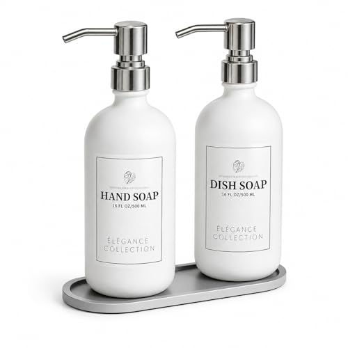 Fachixy White Glass Soap Dispenser (2 Pack), 16 Fl Oz Hand & Dish Soap Dispenser Bottles Set with Rust-Resistant Stainless Steel Pump, Non-Slip Pad, 14 Waterproof Labels for Kitchen and Bathroom - color: Off-white