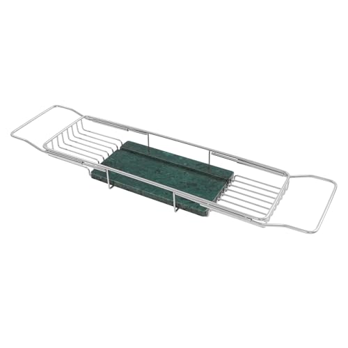 Expandable Bathtub Tray, 26.7-35.4 Inches Stainless Steel Bath Caddy Tray with Marble Base Adjustable Luxury Bath Trays for Tub Scented Candle Wine Glass Books (Silver+Green) - color: Silver+green