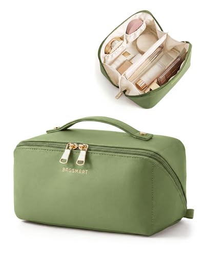 BAGSMART Makeup Bag Travel Cosmetic Bag, Large Make Up Bag Flat Open Toiletry Bag for Women, PU Leather Travel Essentials Organizer Case, Wide-open Pouch Purse for Skincare, Brushes, Dark Green - color: 17- Dark Green