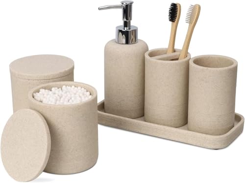 ZCCZ Beige Bathroom Accessories Set 6 Pieces - Toothbrush Holder, Lotion Dispenser, Qtip Container, Vanity Tray, Tumbler - Countertop Organizer for Bathrooms - Elegant and Functional Décor Set - color: Beige, size: 6pcs