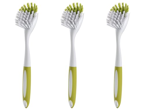 Dish Brush with Handle, Stiff Bristles Dish Scrubber for Pots, Pans & Sink Cleaning, 3 Pack - color: Yellow 3 Pack
