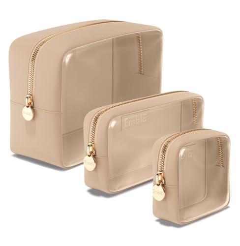 Clear Cosmetic Bags Set of 3, Mini Small Large Makeup Bags For Women Clear Pouch Cosmetics Cases Zipper Cute Pouches Make Up Travel Toiletry Essentials Preppy Purse Organizer Makeup Cases, Sand | Large, Medium & Small Clear Nylon/PVC Cosmetic Bags with Zi