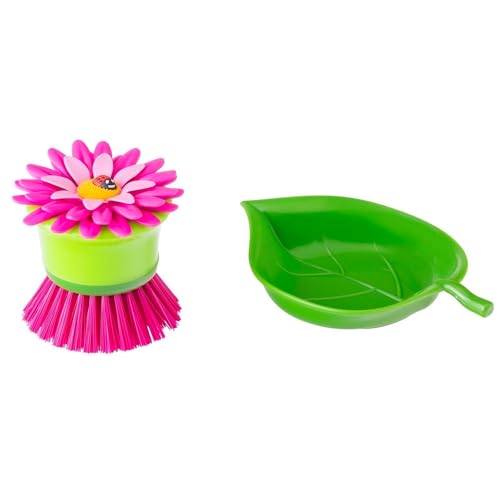 Vigar Flower Power Palm Dish Scrub Brush with Holder, Kitchen Scrub Brush for Dishes, Dish Scrubber, Sink Brush, Dishwashing Brush and Vegetable Scrubber for Household Cleaning - Pink, Green - color: Pink, Green