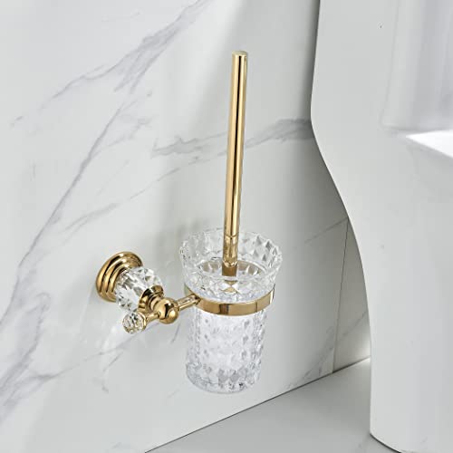 WOLIBEER Crystal Toilet Brush Holder, Polished Gold Brush Handle with Replaceable Brush Head, Stainless Steel Bathroom Cleaning Set Wall Mounted - color: Gold